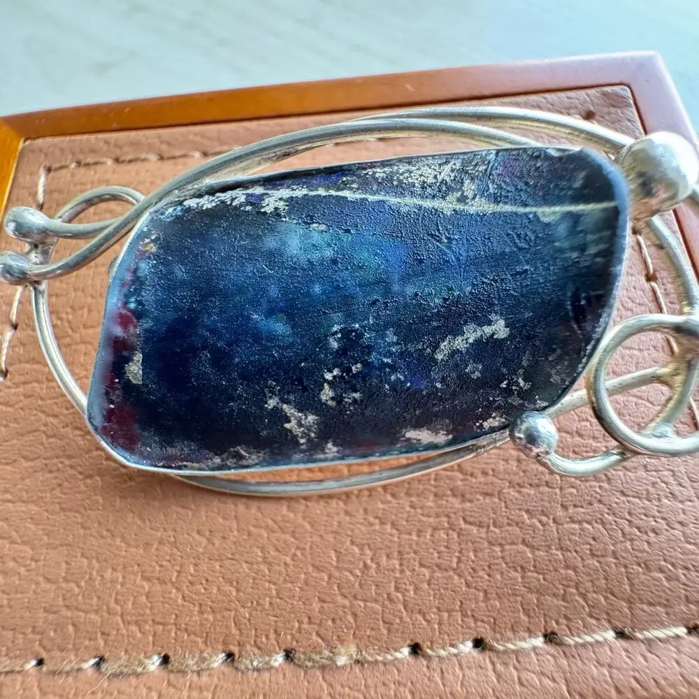 Vintage 925 Sterling Silver Winding Hand-wrought Boulder Opal Brooch Pin